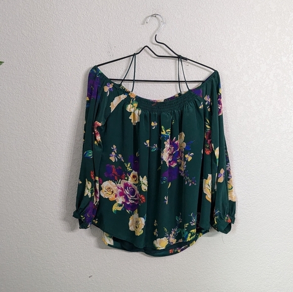 Maeve 100% Silk Green Floral Top Blouse Cold Shoulder Long Sleeve Flowy XS - Picture 2 of 10
